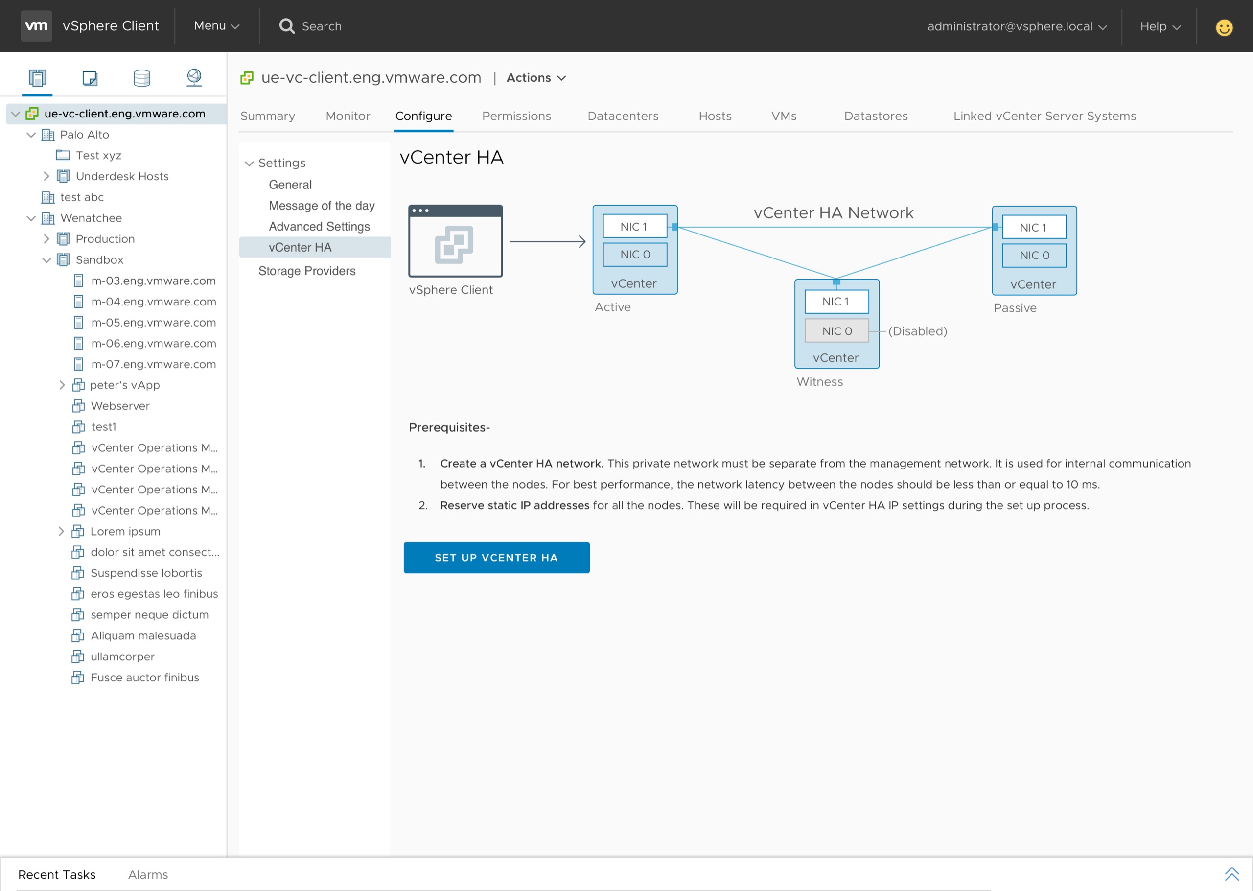 vCenter High Availability — resource settings configuration
