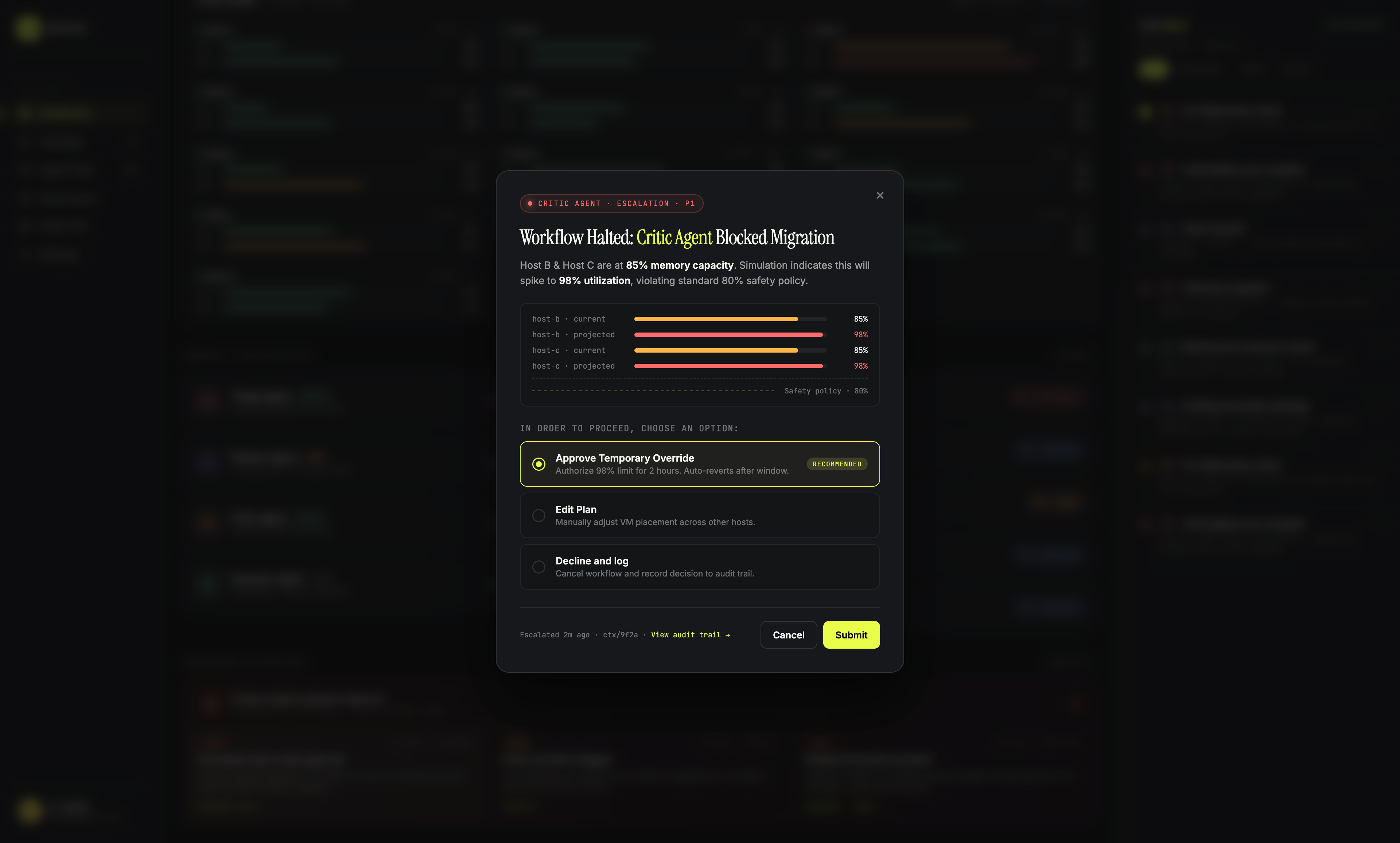 Working prototype — Critic Agent escalation modal: Workflow Halted, Critic Agent Blocked Migration, with operator options