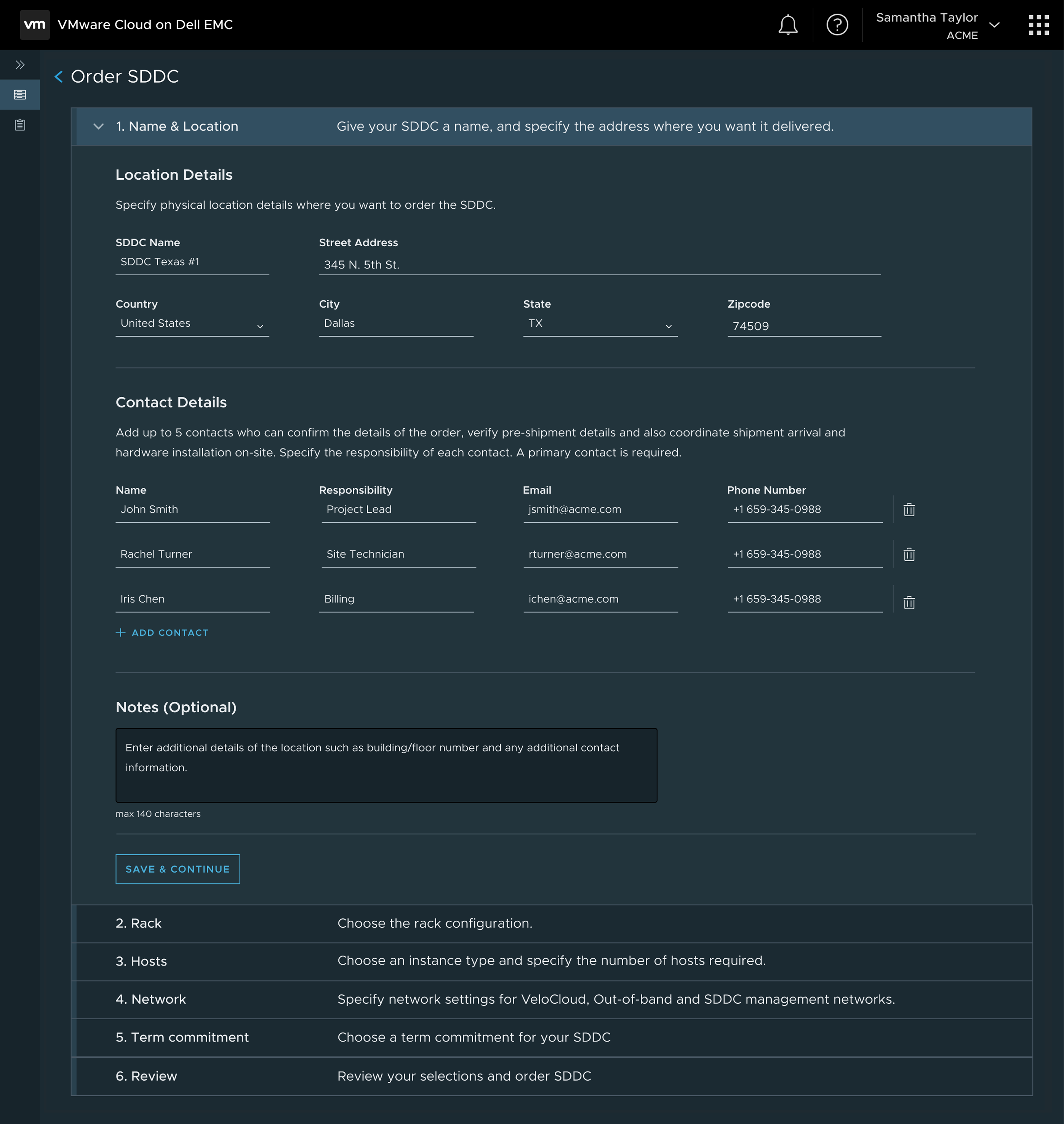 Location and contact details moved into step 1 of the ordering flow, with a Save and Continue action