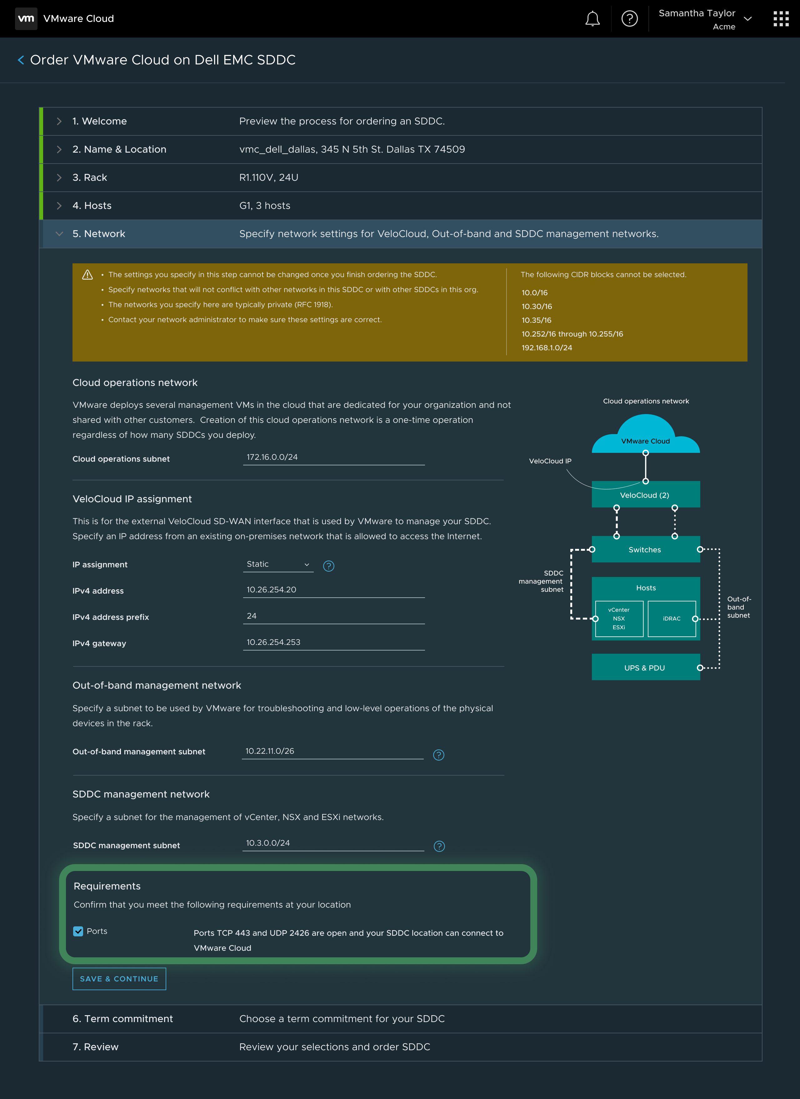 Network requirements folded into the Network step