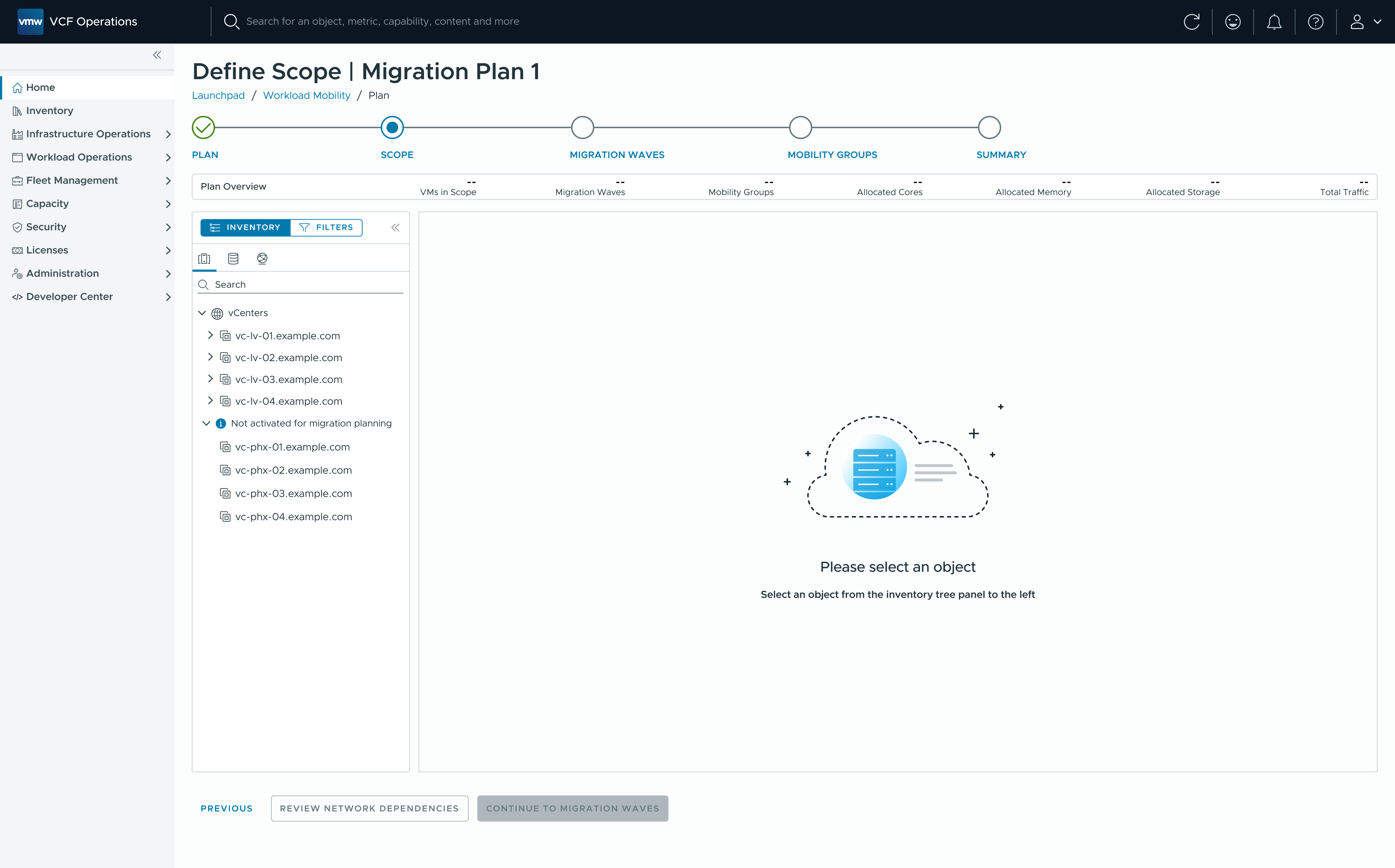 Scope step with the inventory tree and an empty panel prompting the user to select an object
