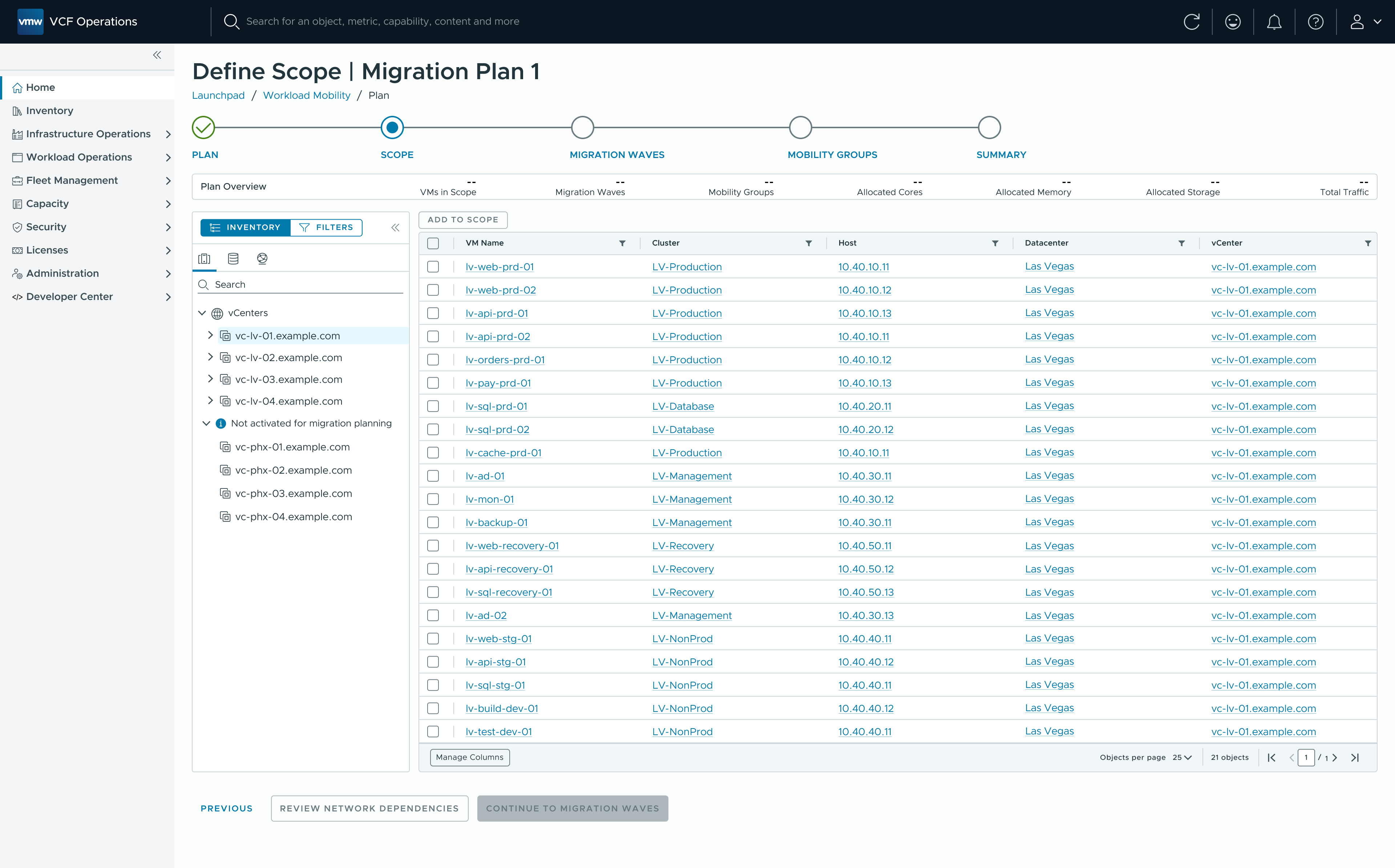Scope step listing only the VMs attached to the selected inventory object, ready to add to scope
